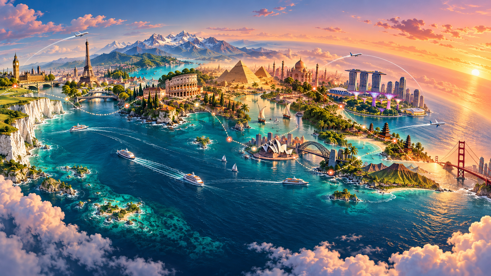 Illustrated global route linking Europe, Africa, Asia, Australia, Hawaii and San Francisco