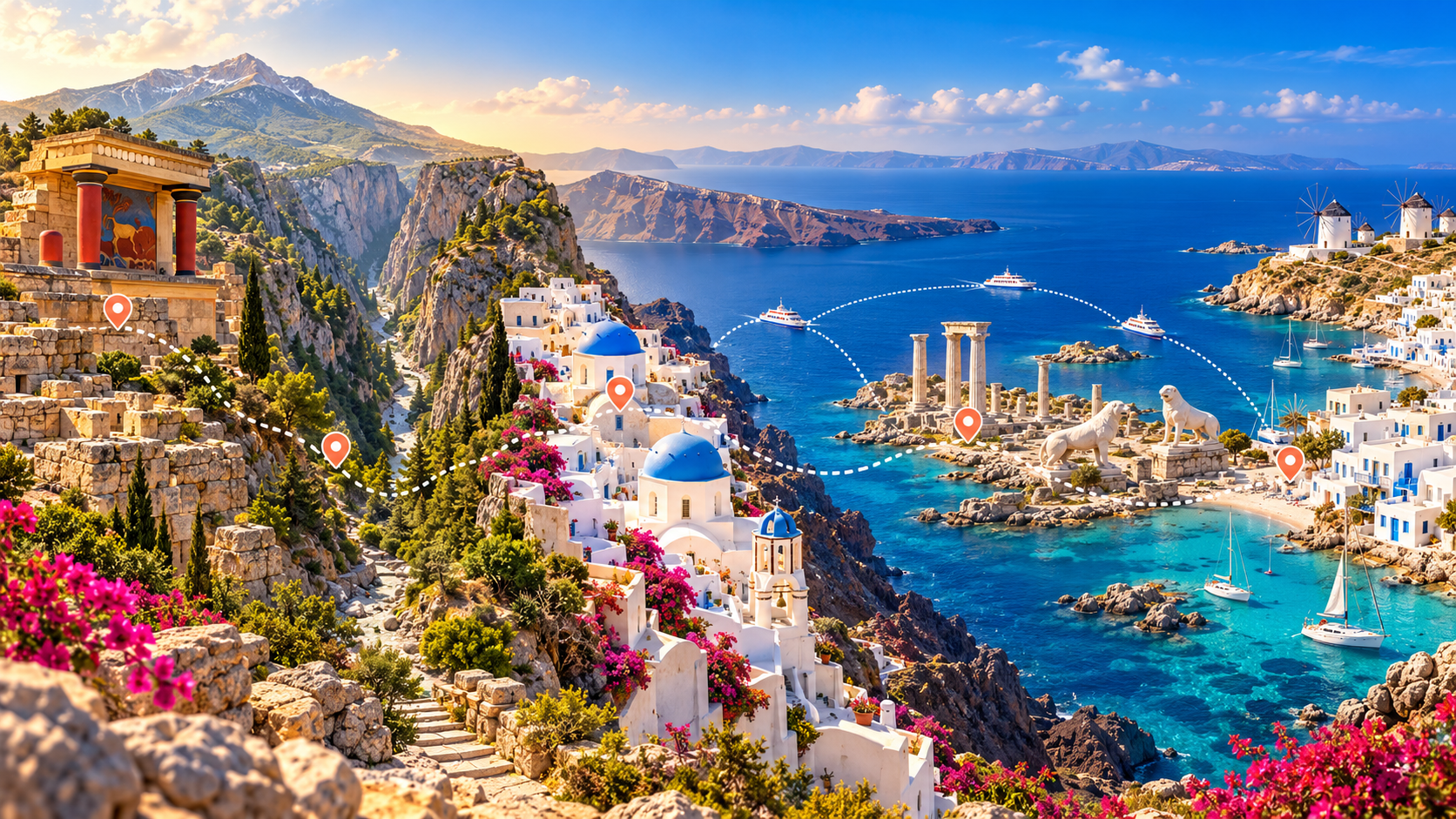 Illustrated route across Crete, Santorini, Delos and Mykonos
