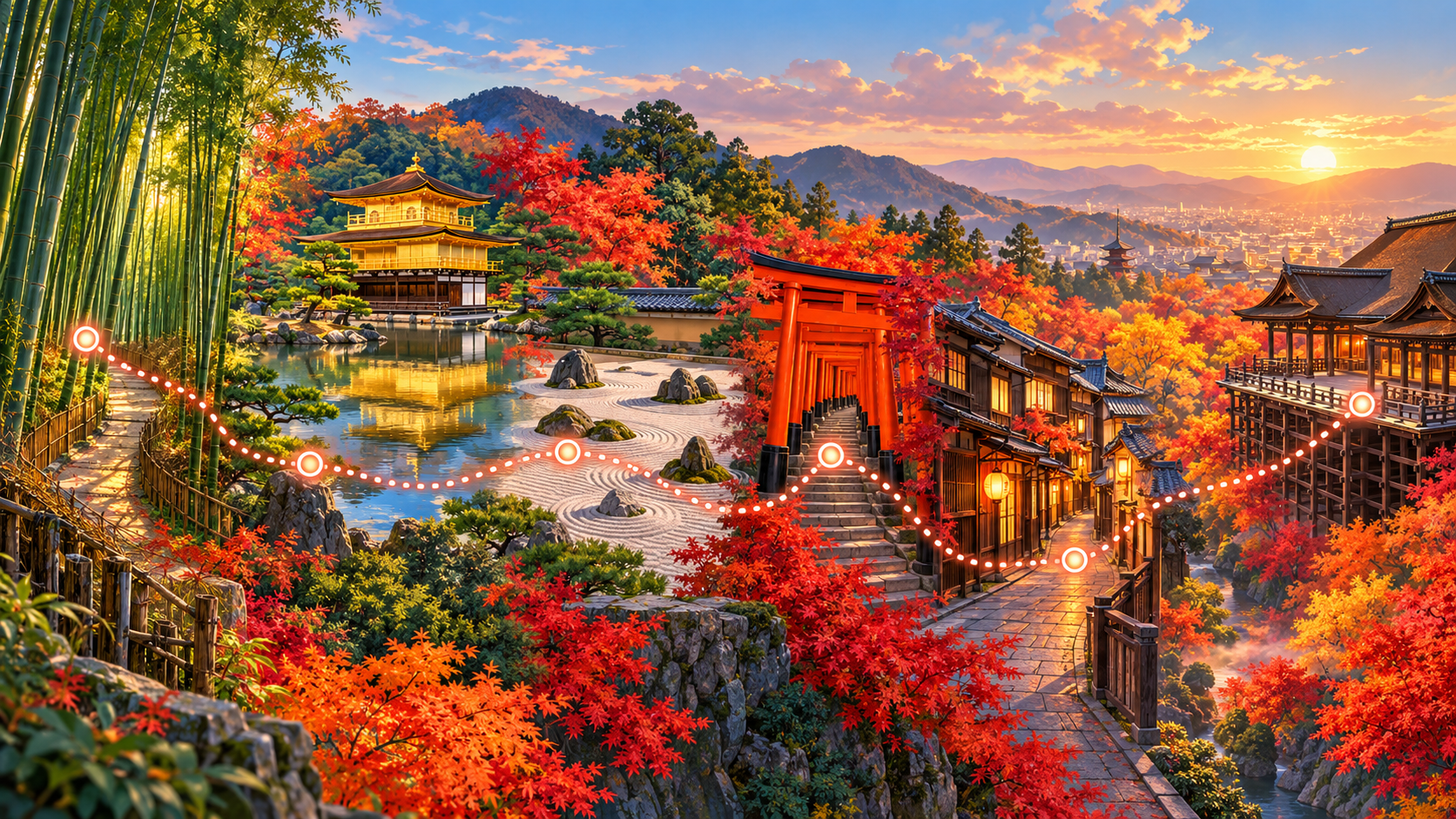 Illustrierte Herbstroute durch Bambus, Tempel, Torii und Gion in Kyoto