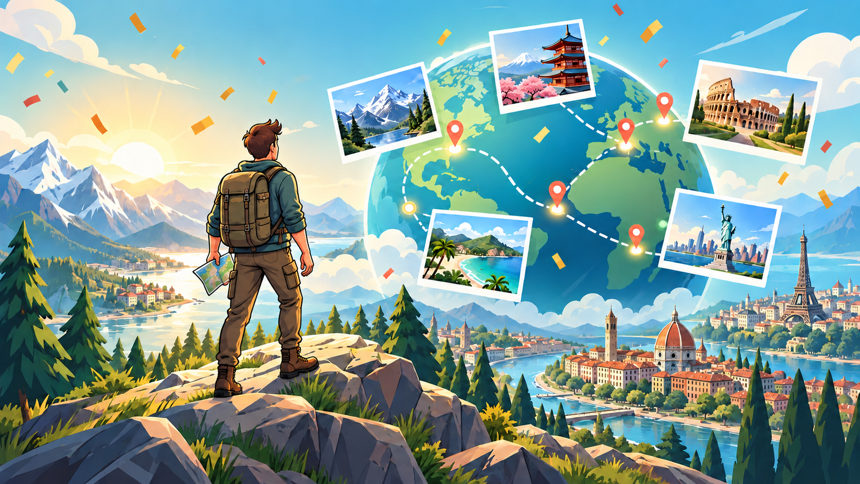 WalkQuest traveller celebrating new destinations around a globe