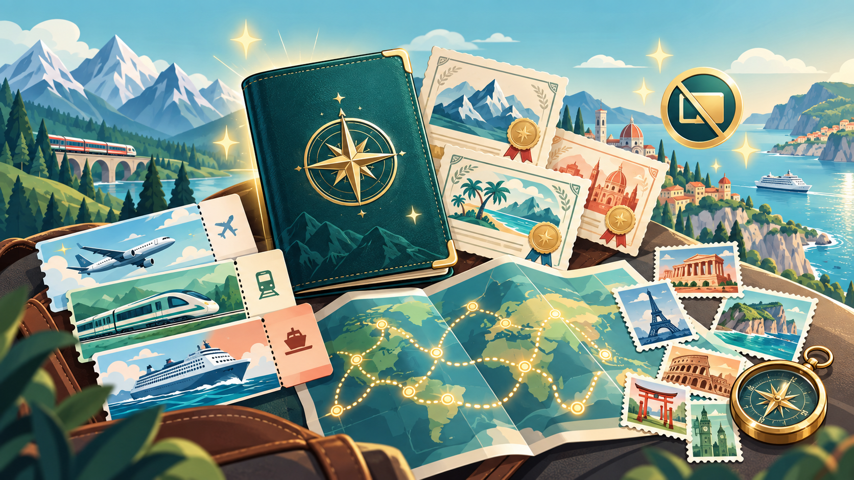 WalkQuest premium passport, route certificates, stamps, map, and transport tickets