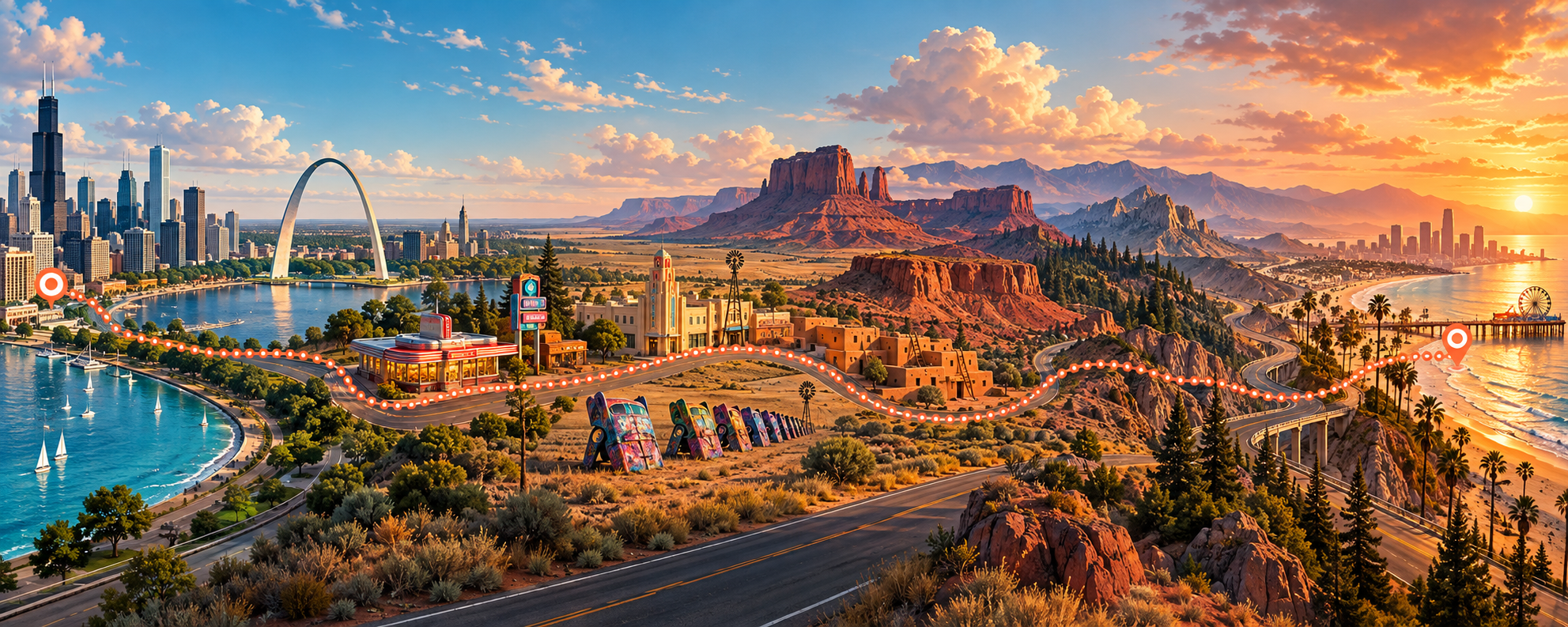 Illustrated Route 66 journey from Chicago through classic American roads to Los Angeles
