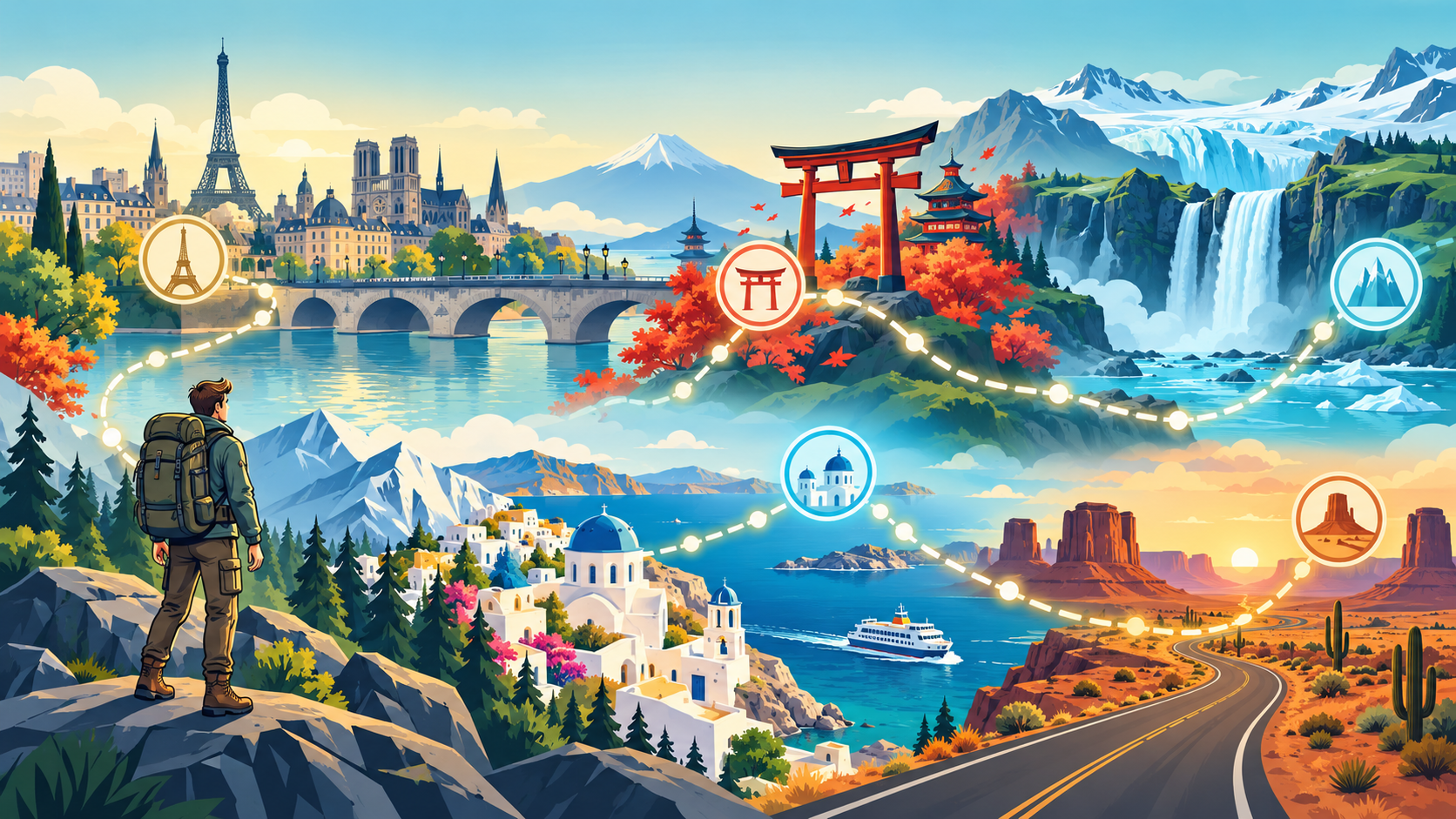 Illustrated WalkQuest routes across Europe, Japan, Iceland, Greece, and Route 66